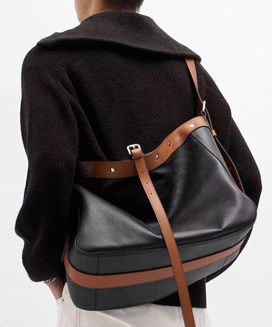Sac messager en cuir noir patchwork grande capacité pour homme - Amawinc