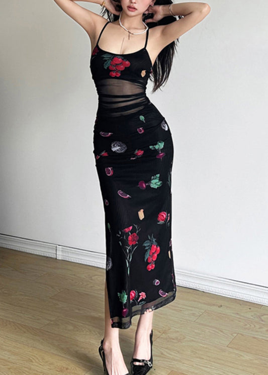 Robe d'été à bretelles spaghetti en tulle imprimé noir - Amawinc