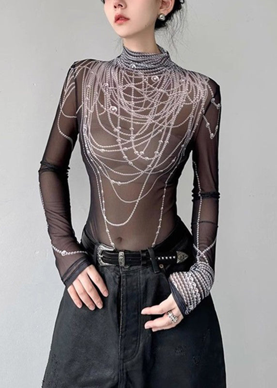Boutique Haut en tulle noir à col roulé et imprimé perles Printemps - Amawinc