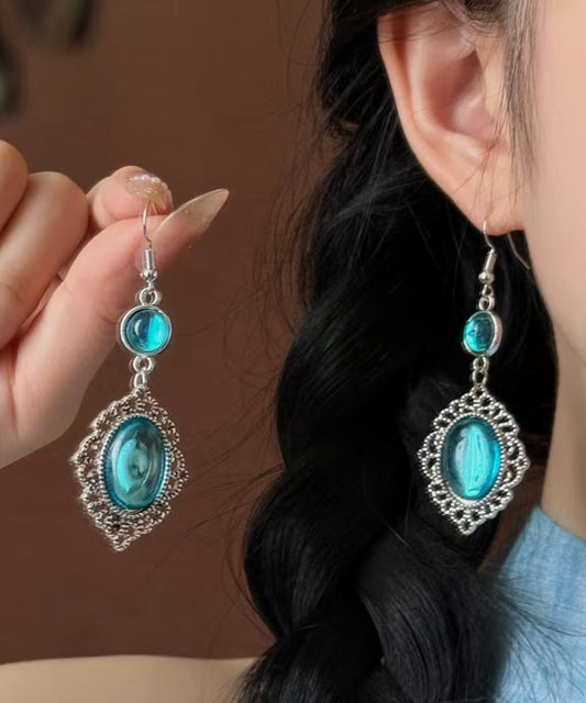 Boucles d'oreilles pendantes creuses en argent sterling bleu avec pierres précieuses - Amawinc