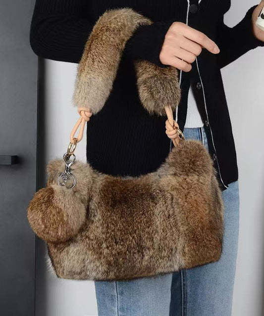 Sac à main en fourrure duveteuse marron Boutique - Amawinc