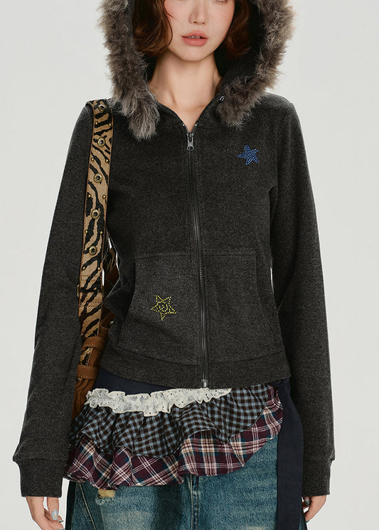 Manteau d'hiver à capuche en coton gris anthracite avec col en fausse fourrure de lapin et étoile - Amawinc