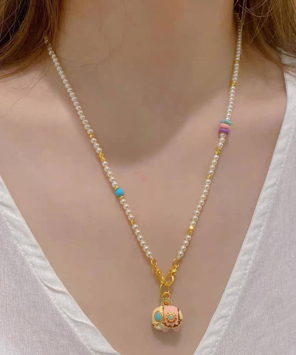 Collier avec pendentif petit éléphant en alliage d'or et perles - Amawinc