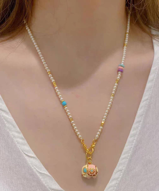 Collier avec pendentif petit éléphant en alliage d'or et perles - Amawinc