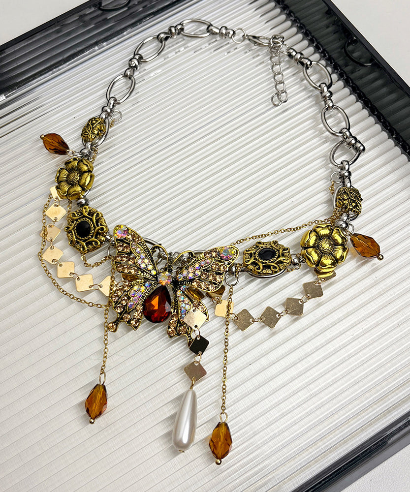 Collier avec pendentif papillon et pompon en alliage d'or et zircons - Amawinc