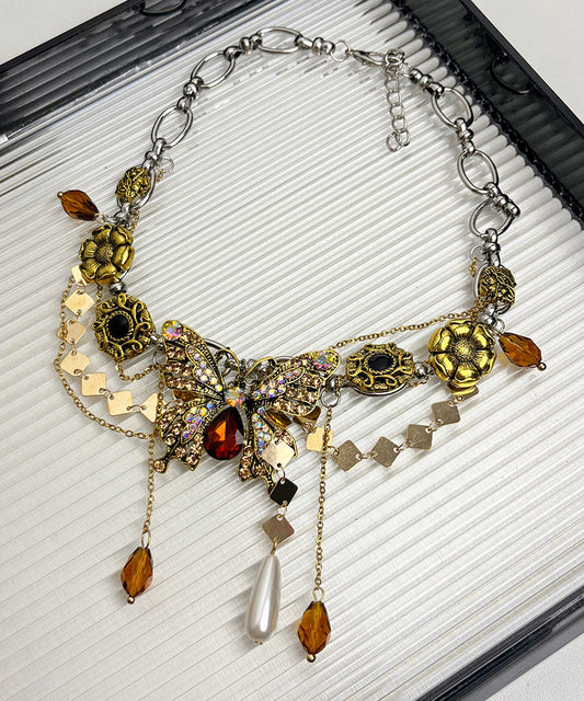 Collier avec pendentif papillon et pompon en alliage d'or et zircons - Amawinc