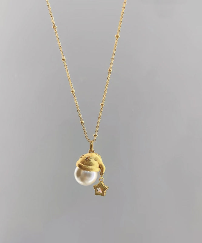 Collier avec pendentif étoile en forme de chapeau de Noël et perle en zircon surdoré en cuivre doré - Amawinc