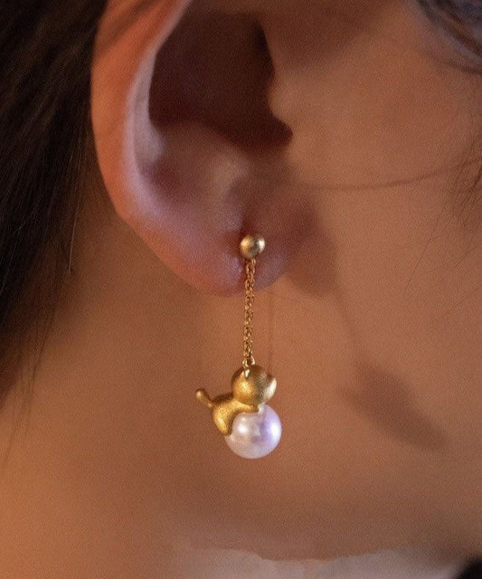 Boucles d'oreilles pendantes en argent sterling doré et perles de petits chats - Amawinc