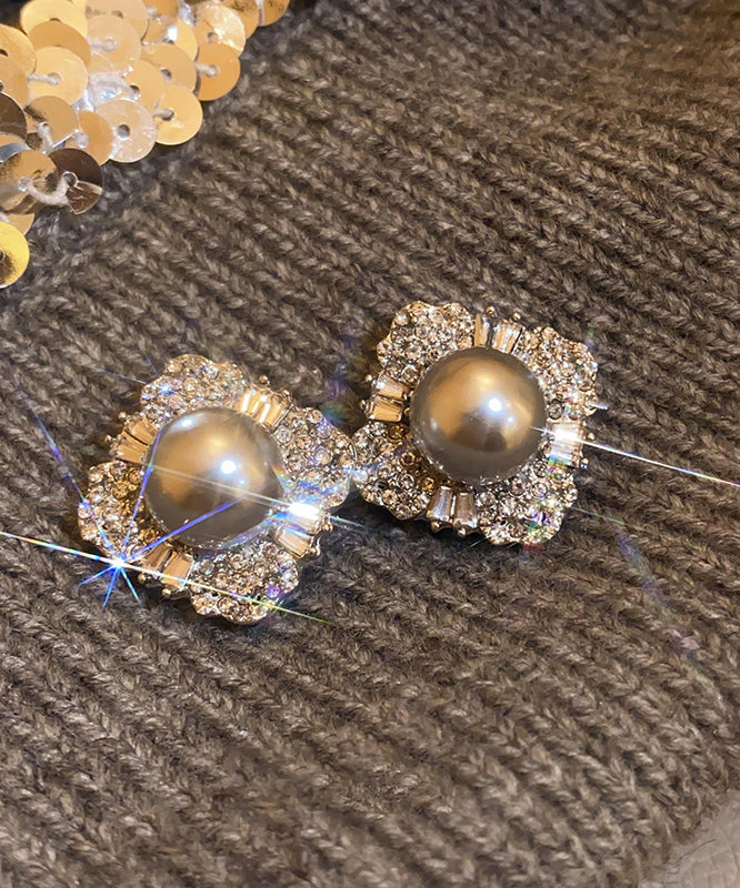 Boucles d'oreilles à tige en alliage gris et perles de zircon - Amawinc