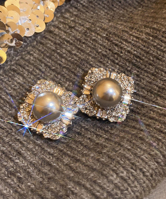 Boucles d'oreilles à tige en alliage gris et perles de zircon - Amawinc