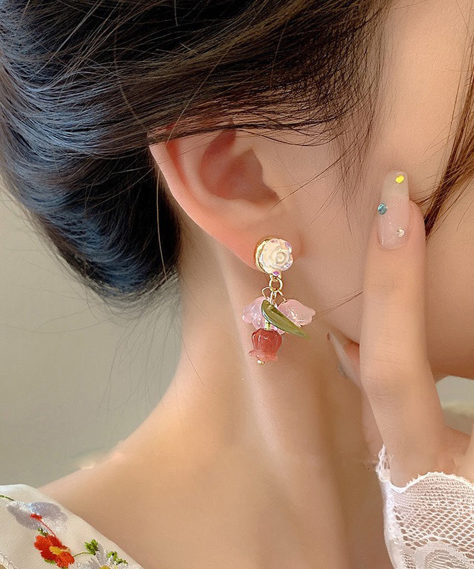 Boucles d'oreilles pendantes camélia en alliage de résine arc-en-ciel - Amawinc