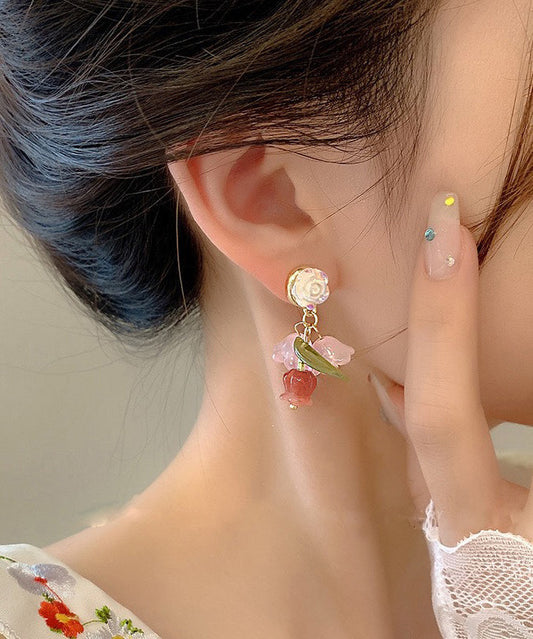 Boucles d'oreilles pendantes camélia en alliage de résine arc-en-ciel - Amawinc