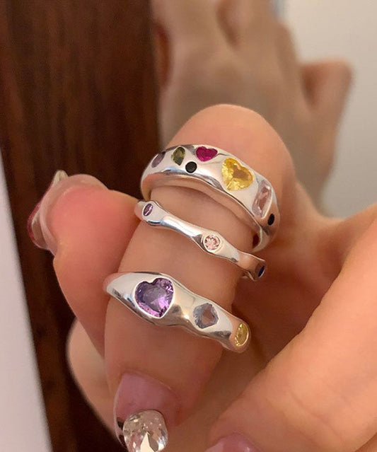 Ensemble de trois bagues d'amour asymétriques en acier inoxydable arc-en-ciel avec zircon - Amawinc