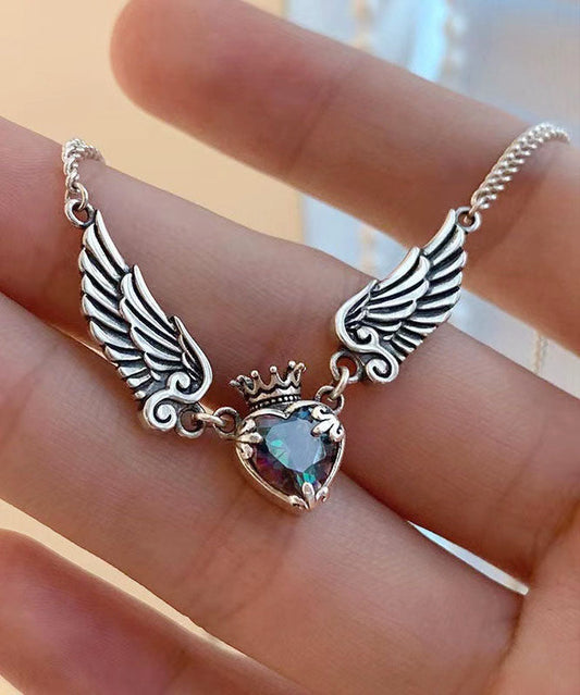 Collier avec pendentif en argent sterling et cristal, couronne d'amour et ailes, Boutique Silk - Amawinc