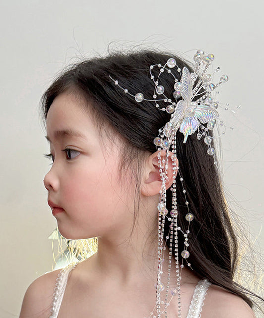 Épingle à cheveux en alliage acrylique blanc avec pompon et papillon en cristal pour filles - Amawinc