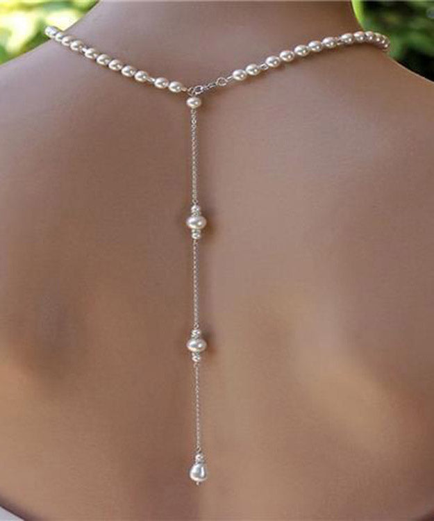 Collier lariat à pampilles en acier inoxydable blanc avec chaîne de perles - Amawinc