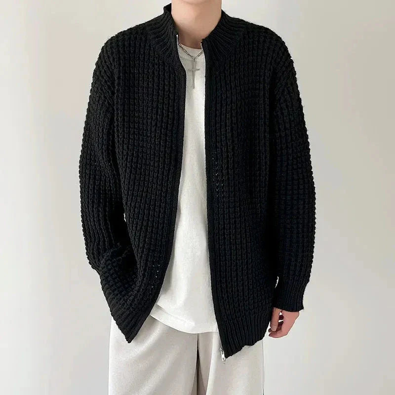 Pull Tricot Gaufré À Fermeture Éclair Pleine Avec Col Montant Pour Un Style Décontracté Et Poli