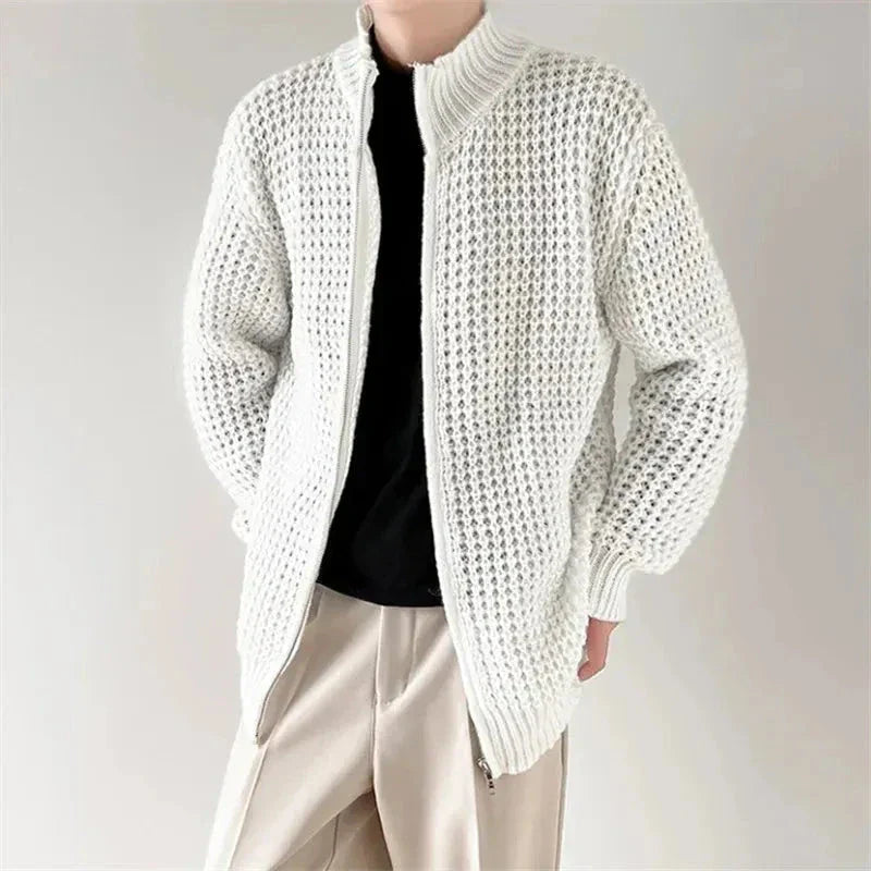 Pull Tricot Gaufré À Fermeture Éclair Pleine Avec Col Montant Pour Un Style Décontracté Et Poli