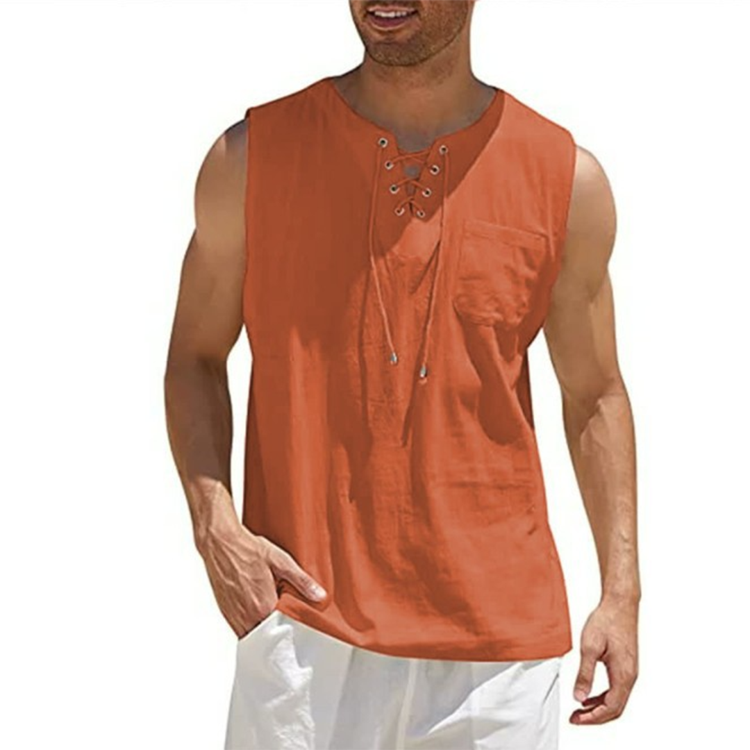 Chemise Sans Manches Homme En Coton Mélangé Avec Laçage Devant Et Poche Poitrine Décontractée Pour Été