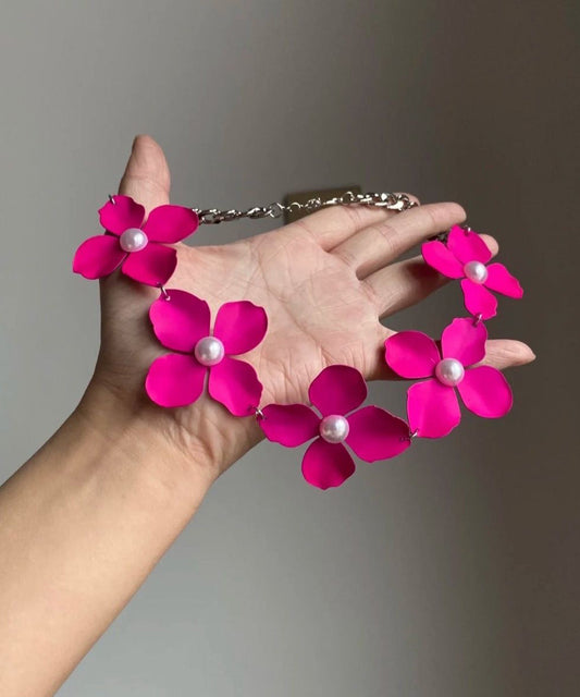 Collier court en alliage métallique avec perles et rose, style princesse Flora - Amawinc