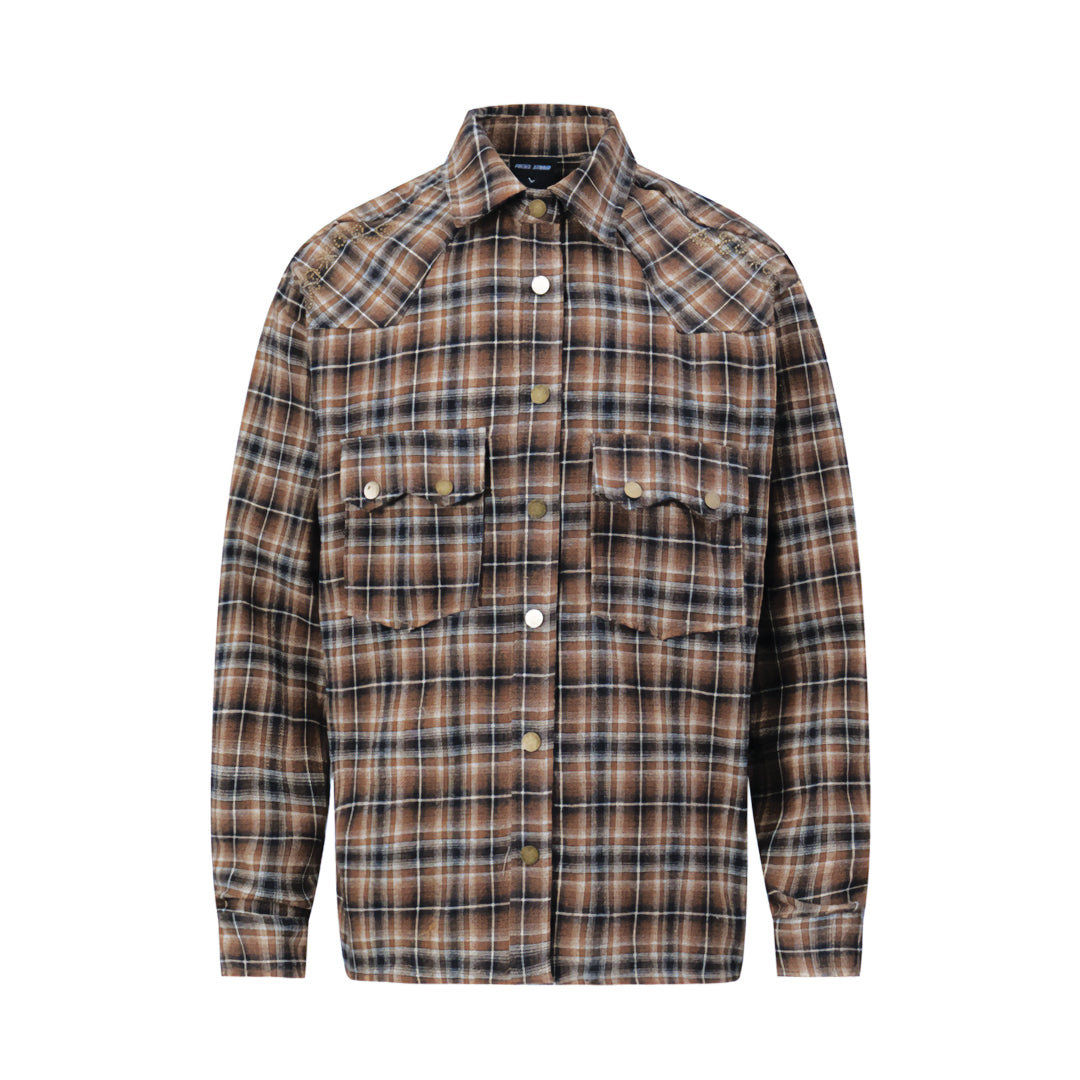 Chemise Sonny À Carreaux Style Western Avec Boutons Pression Et Poches Poitrine Doubles Noir Et Bleu Azur