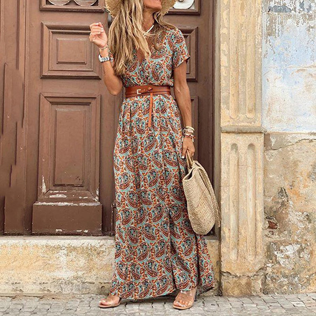 Robe Maxi Pour Femme Motif Paisley Col V Manches Courtes Look Bohème Confort Élégance