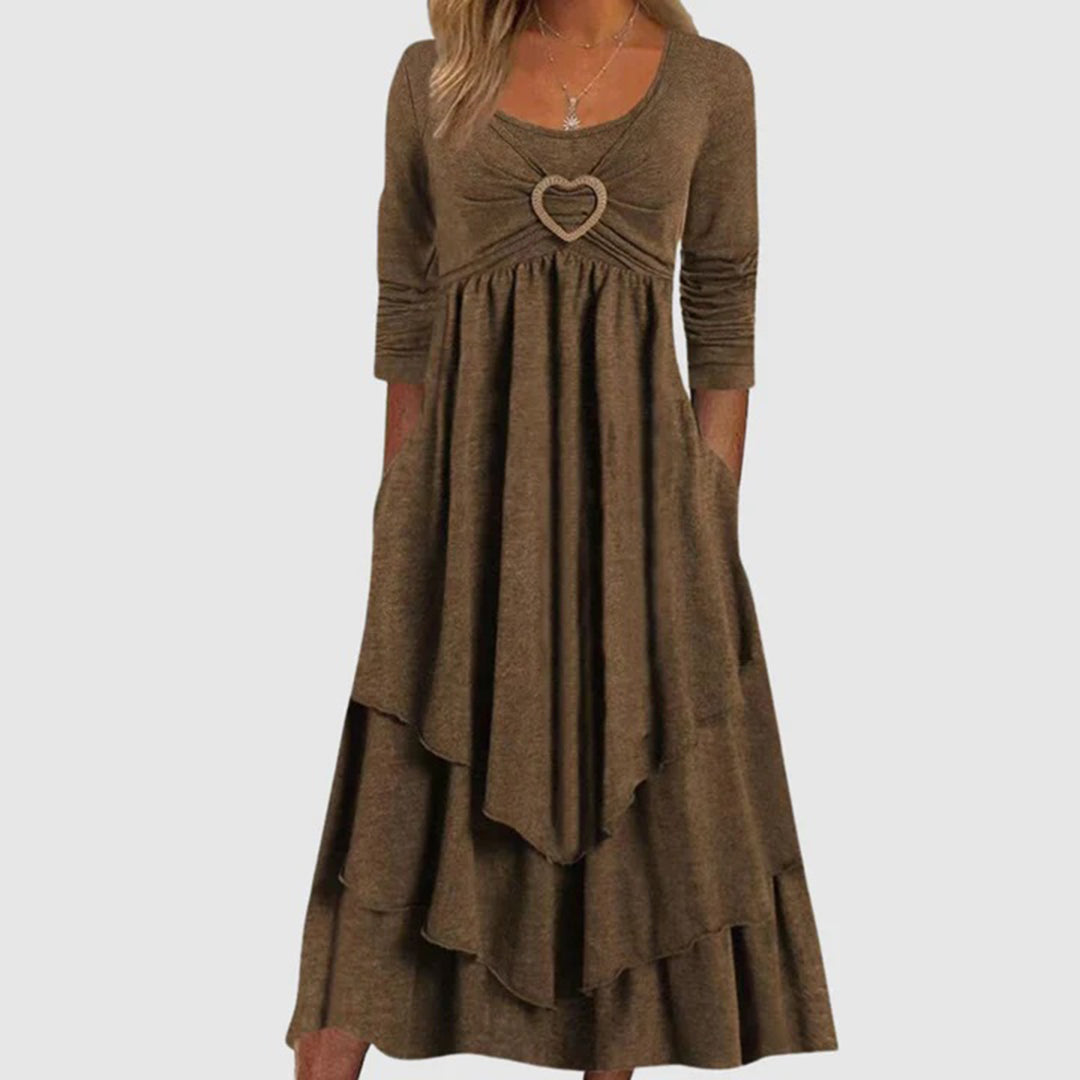 Robe Maxi Femme À Couches Avec Encolure En Cœur Et Manches Trois Quarts Coupe Décontractée