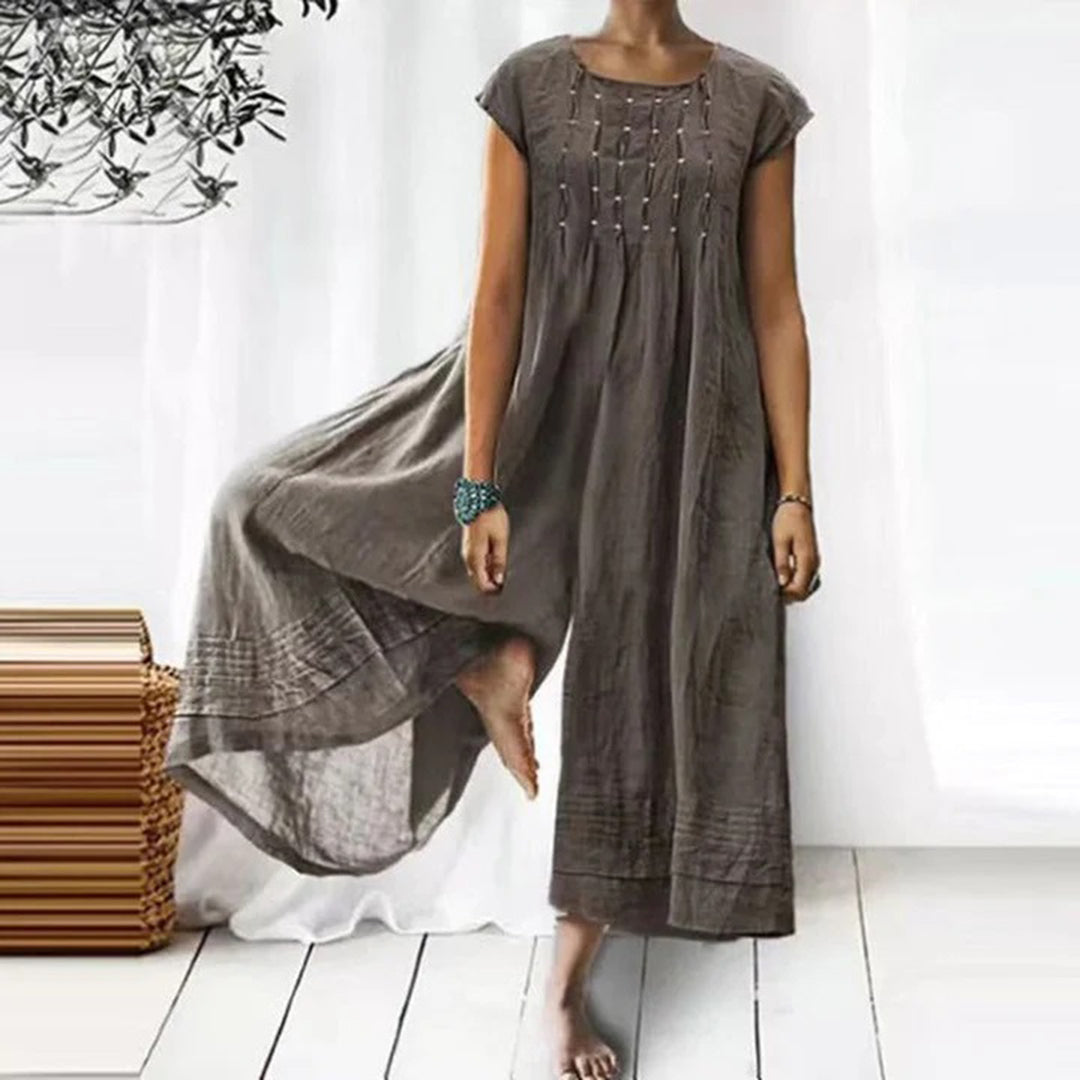Robe Femme Bohème Amawinc Longue Aérée Coupe Fluide Manches Courtes Encolure Ronde Coton Mélangé Léger