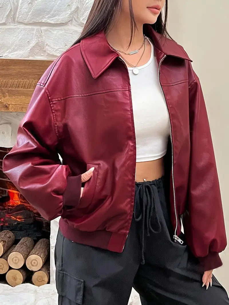 Damen Bomberjacke aus rotem PU-Leder mit Reißverschluss von Shilaira