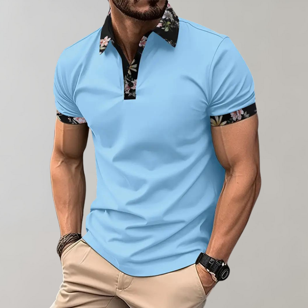 Polo Homme Manches Courtes Avec Détail Floral Et Fermeture Bouton En Coton Mélangé Pour Été Décontracté