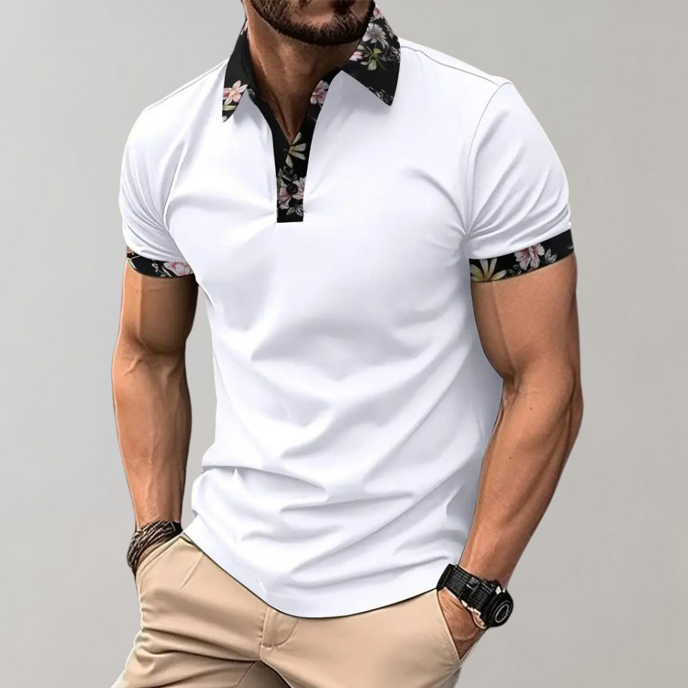 Polo Homme Manches Courtes Avec Détail Floral Et Fermeture Bouton En Coton Mélangé Pour Été Décontracté