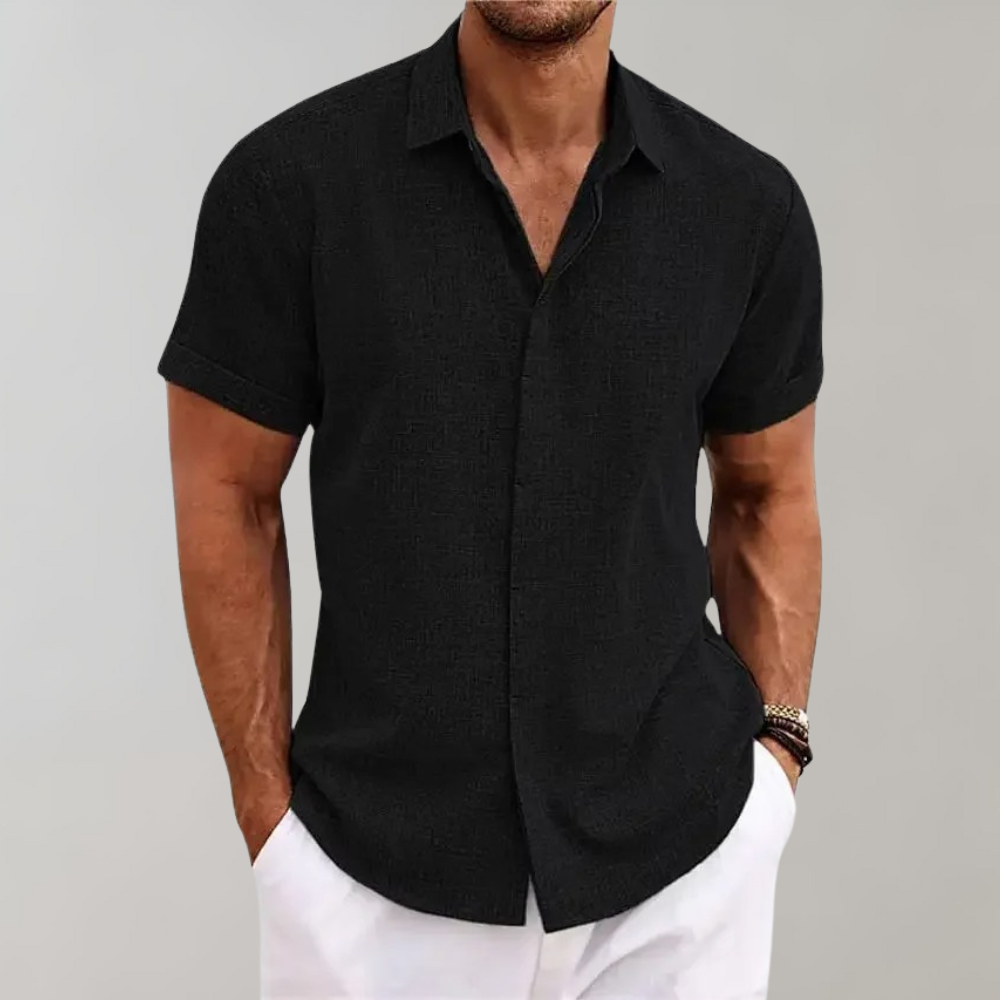 Chemise Homme Légère À Manches Courtes Bouton Devant Col Classique En Tissu Look Lin Respirant Pour Été