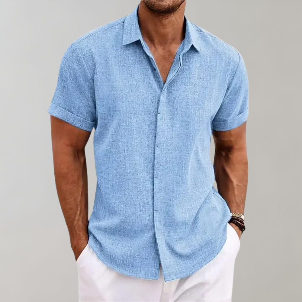 Chemise Homme Légère À Manches Courtes Bouton Devant Col Classique En Tissu Look Lin Respirant Pour Été