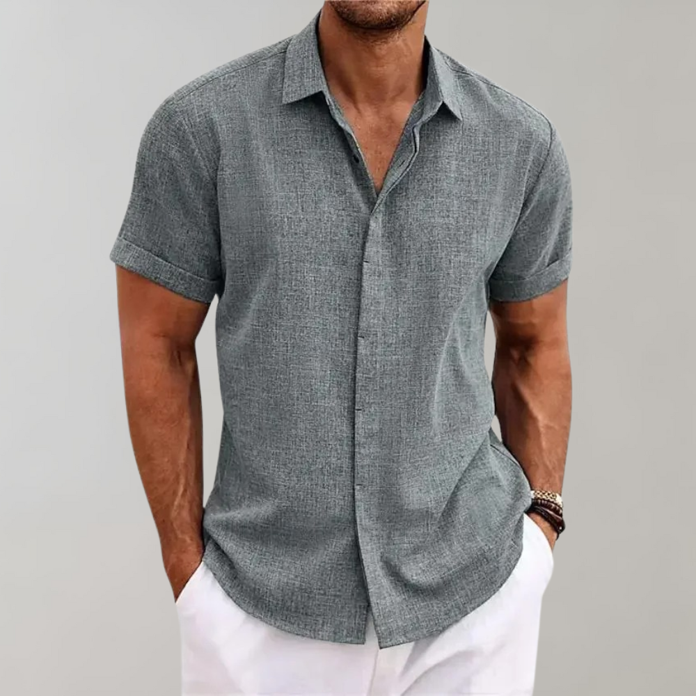Chemise Homme Légère À Manches Courtes Bouton Devant Col Classique En Tissu Look Lin Respirant Pour Été