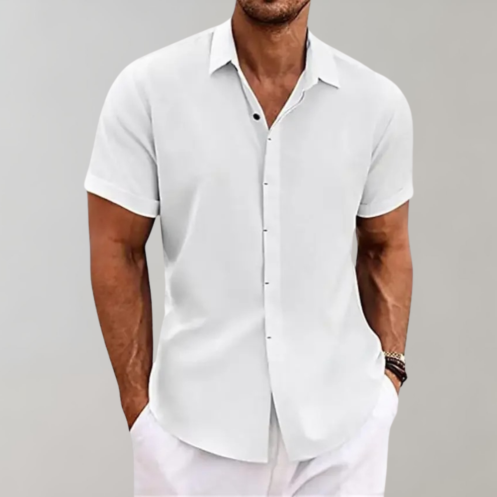 Chemise Homme Légère À Manches Courtes Bouton Devant Col Classique En Tissu Look Lin Respirant Pour Été