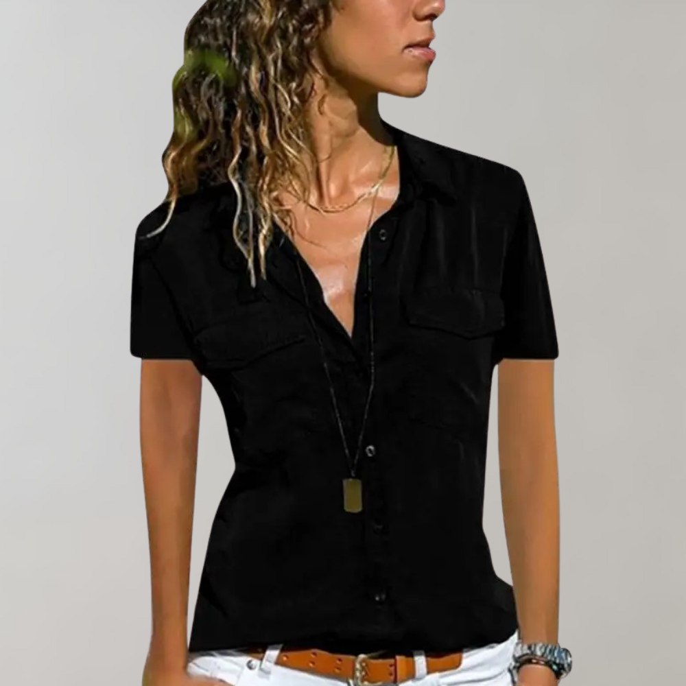 Chemisier Femme Boutonné Coupe Ajustée Manches Courtes Poches Poitrine Polyvalent Chic