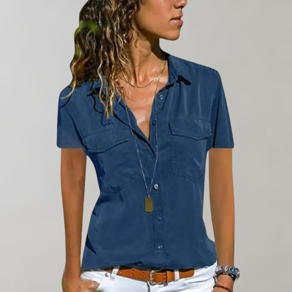 Chemisier Femme Boutonné Coupe Ajustée Manches Courtes Poches Poitrine Polyvalent Chic