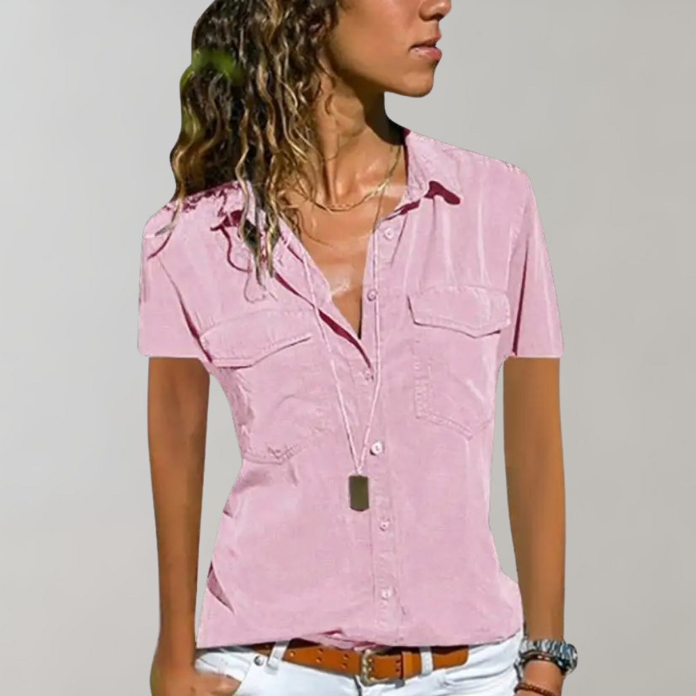 Chemisier Femme Boutonné Coupe Ajustée Manches Courtes Poches Poitrine Polyvalent Chic