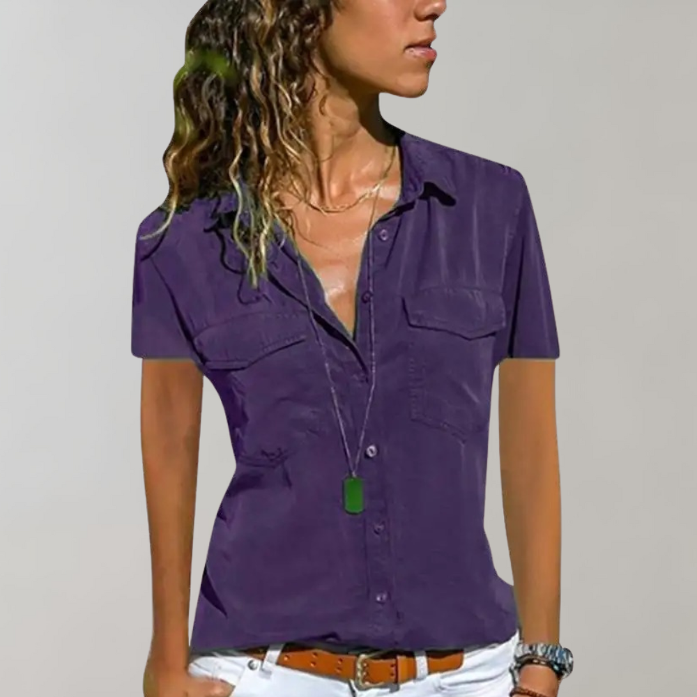 Chemisier Femme Boutonné Coupe Ajustée Manches Courtes Poches Poitrine Polyvalent Chic