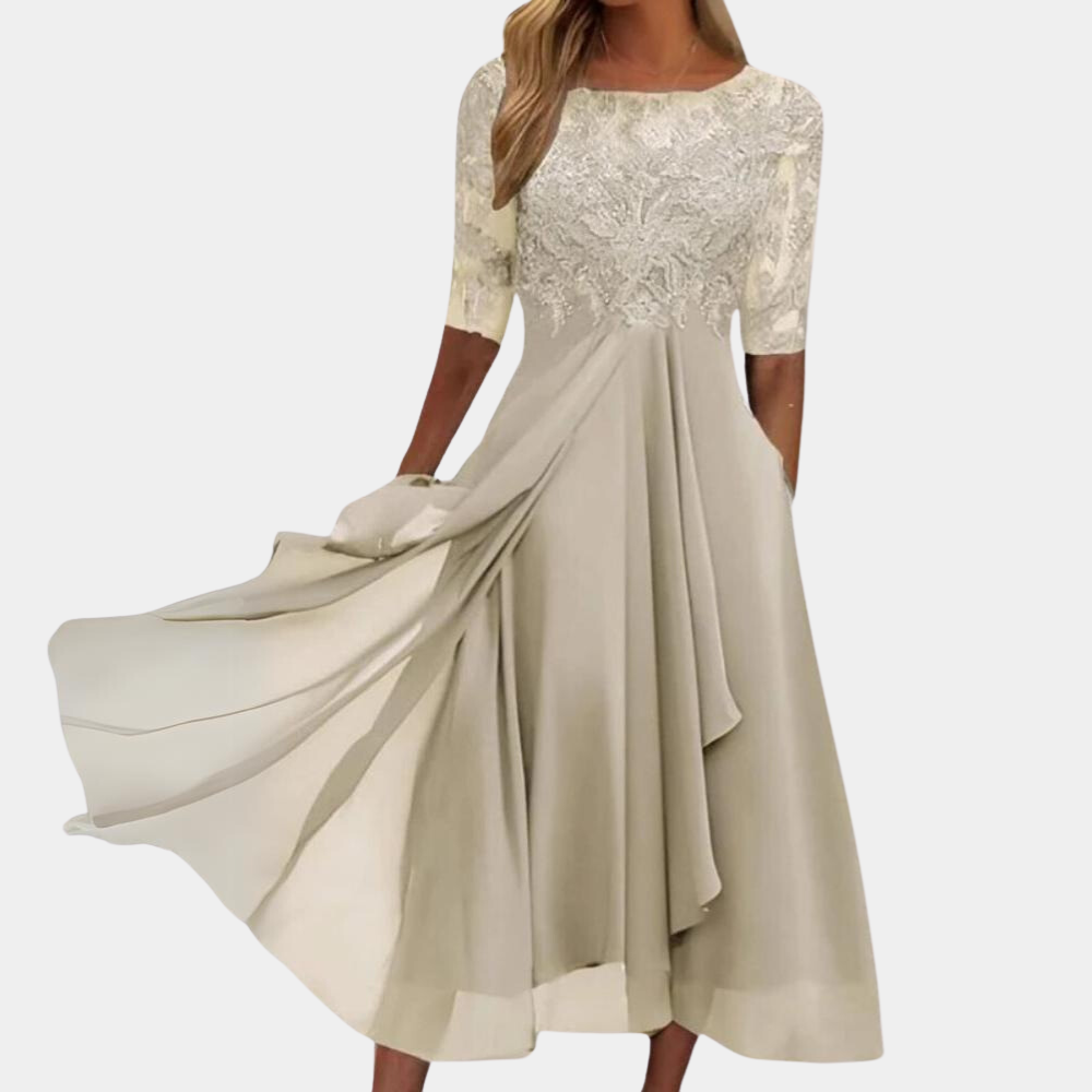 Robe Femme Élégante A Ligne Midi Dentelle Et Broderie Pour Soirée Et Fête Chic Luxueuse