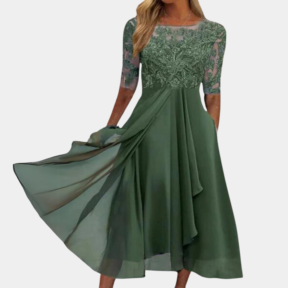Robe Femme Élégante A Ligne Midi Dentelle Et Broderie Pour Soirée Et Fête Chic Luxueuse