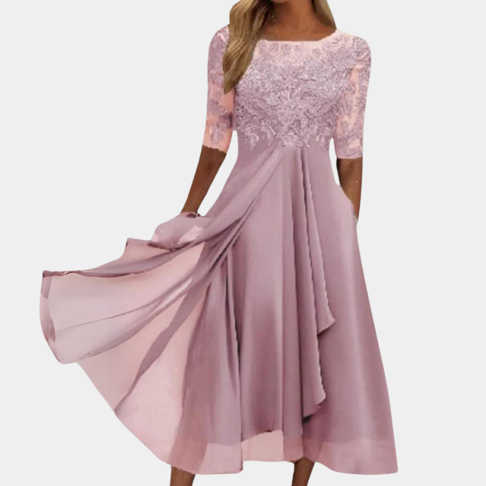 Robe Femme Élégante A Ligne Midi Dentelle Et Broderie Pour Soirée Et Fête Chic Luxueuse