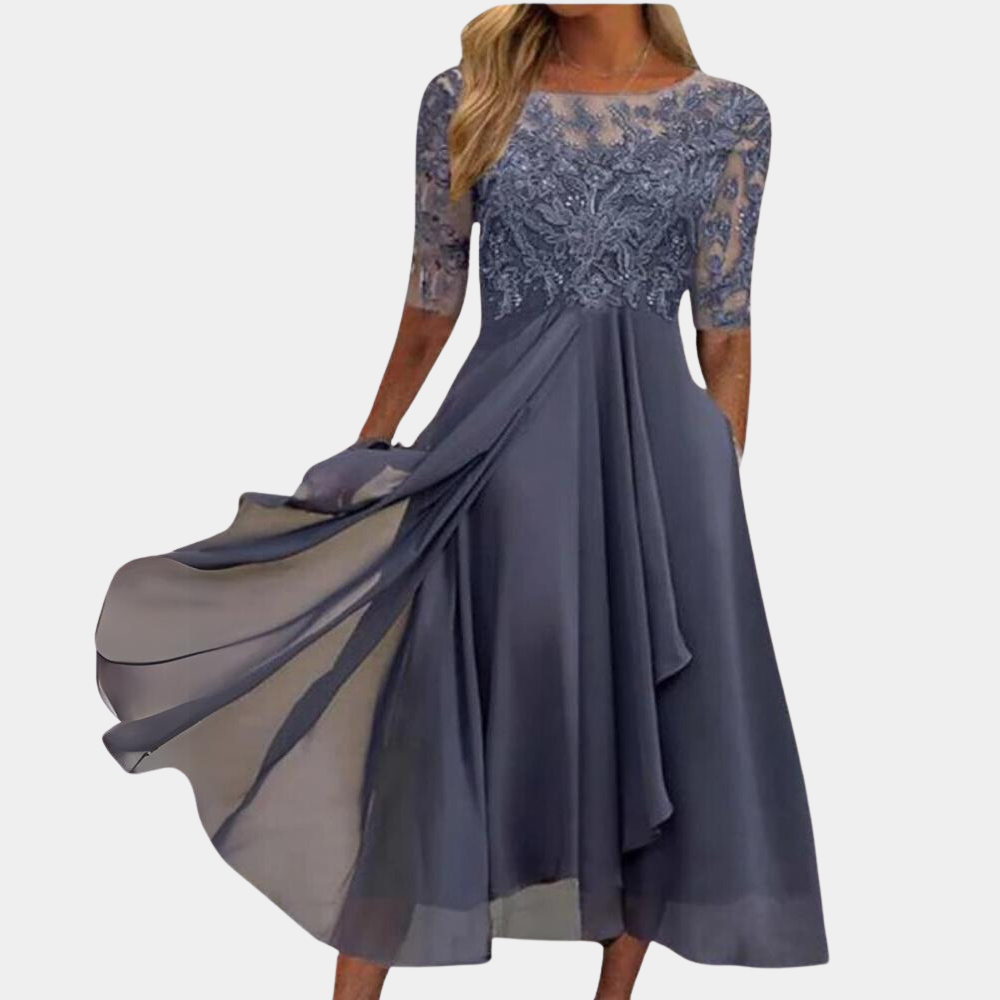Robe Femme Élégante A Ligne Midi Dentelle Et Broderie Pour Soirée Et Fête Chic Luxueuse
