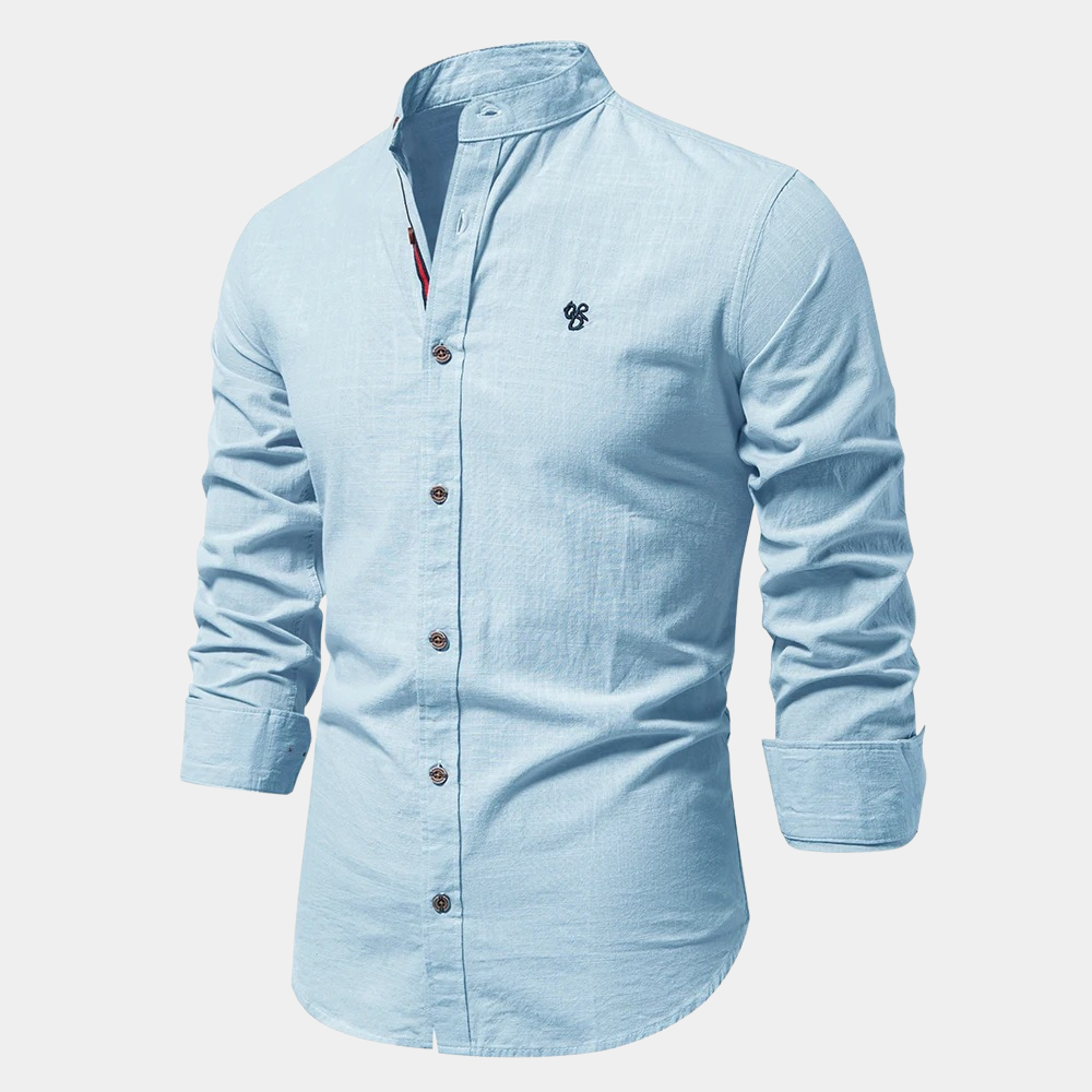 Chemise Homme Col Mandarine Manches Longues Boutons Fermeture Respirante Mélange Coton Léger Été