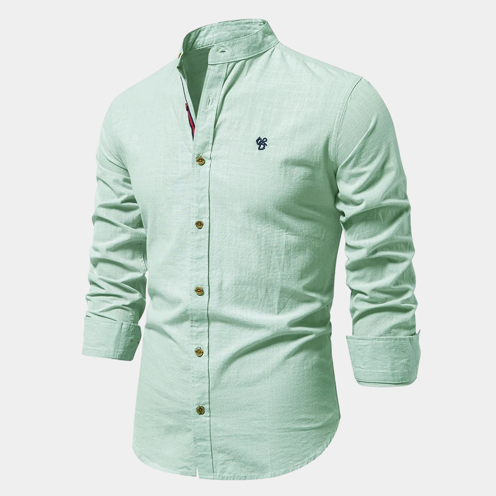 Chemise Homme Col Mandarine Manches Longues Boutons Fermeture Respirante Mélange Coton Léger Été