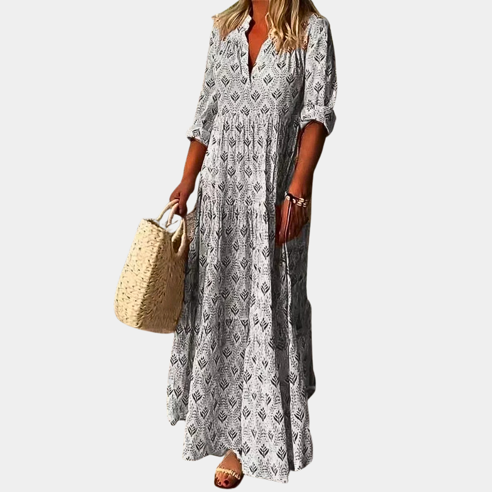 Robe Maxi Femme Col V Manches Trois Quarts Respirante Et Légère Coupe Décontractée Amawinc