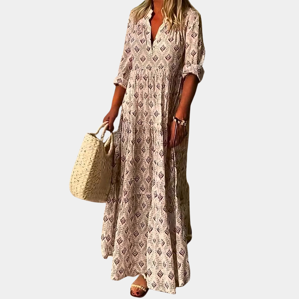 Robe Maxi Femme Col V Manches Trois Quarts Respirante Et Légère Coupe Décontractée Amawinc