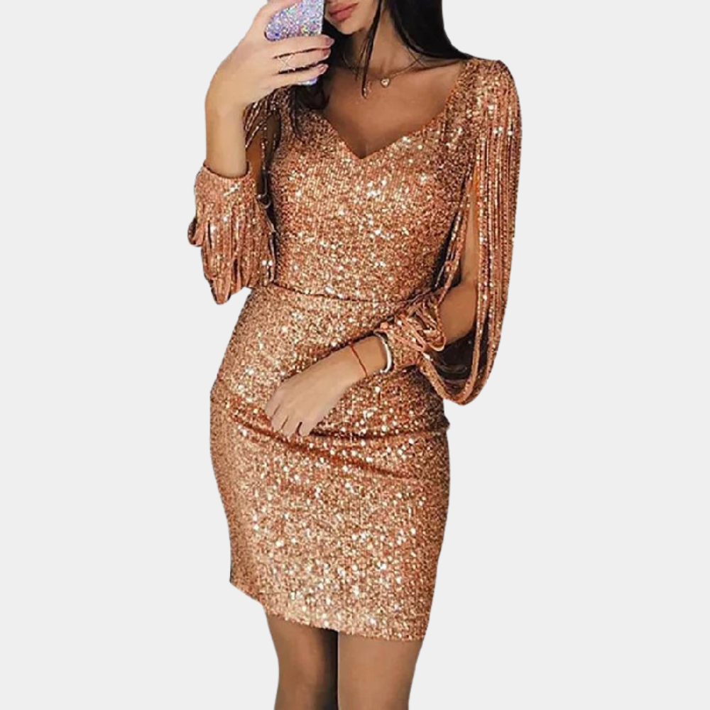 Robe De Soirée À Sequins Col En V Manches Drapées Élégante Pour Fêtes Festives Et Événements Formels Amawinc