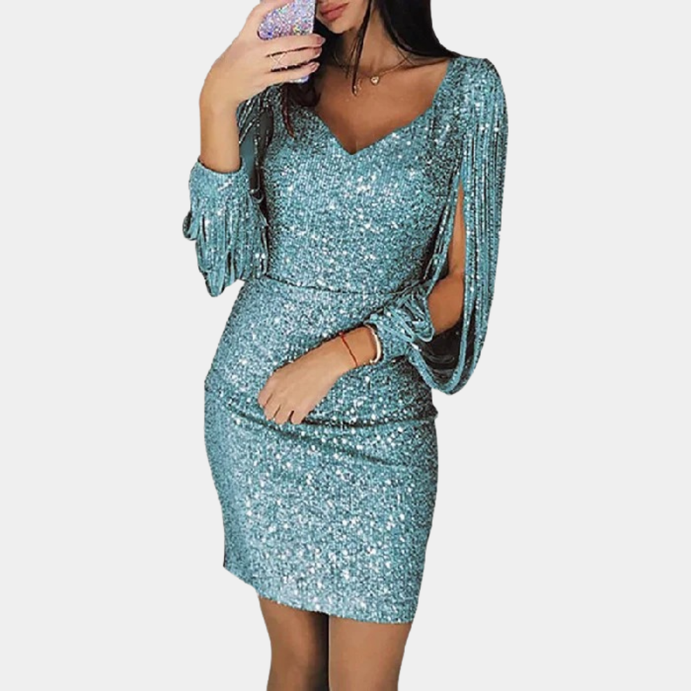 Robe De Soirée À Sequins Col En V Manches Drapées Élégante Pour Fêtes Festives Et Événements Formels Amawinc