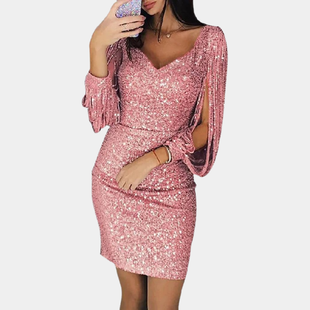 Robe De Soirée À Sequins Col En V Manches Drapées Élégante Pour Fêtes Festives Et Événements Formels Amawinc